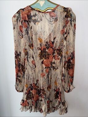 Fairy Floral Ruffle Sheer Long-Sleeve Mini Dress in Rustic Cream